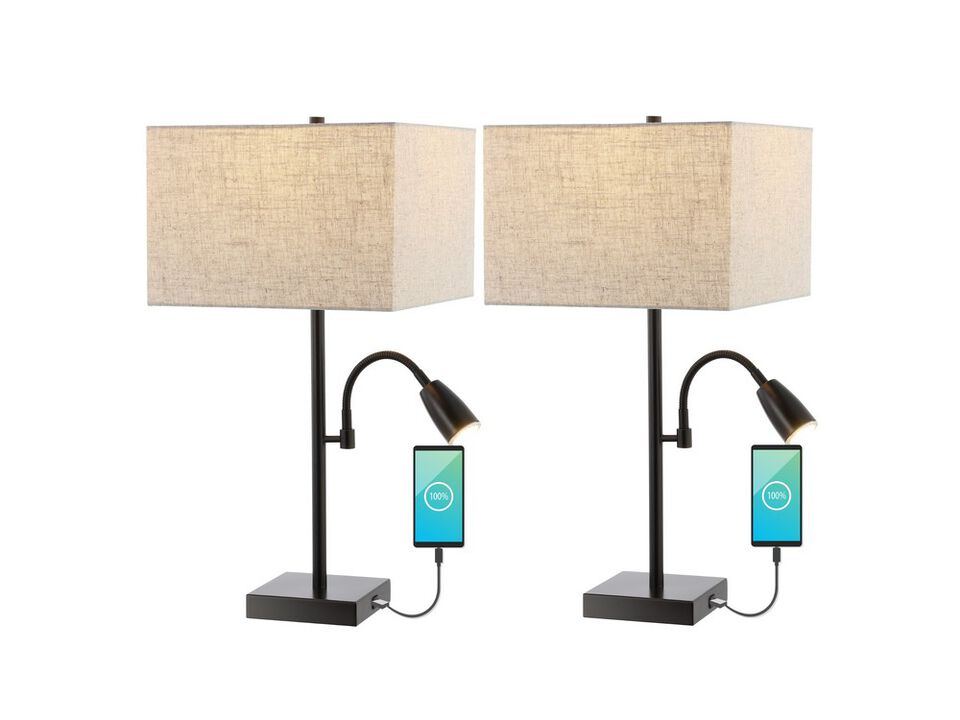 Austin 2-Light Farmhouse Industrial Iron LED Table Lamp with USB Charging Port and Adjustable Reading Light