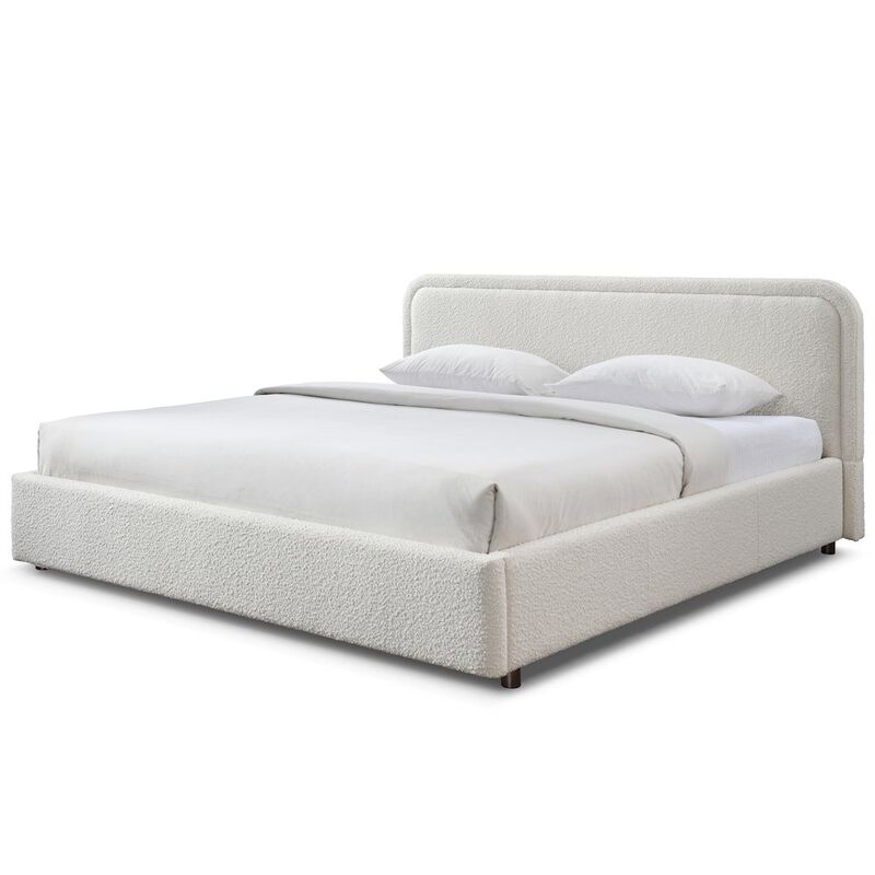 Omax Decor Upholstered Platform King Bed in White Boucle Fabric
