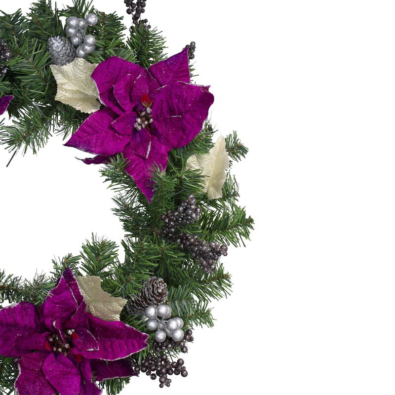 Purple Poinsettia and Silver Pine Cone Artificial Christmas Wreath - 24-Inch  Unlit