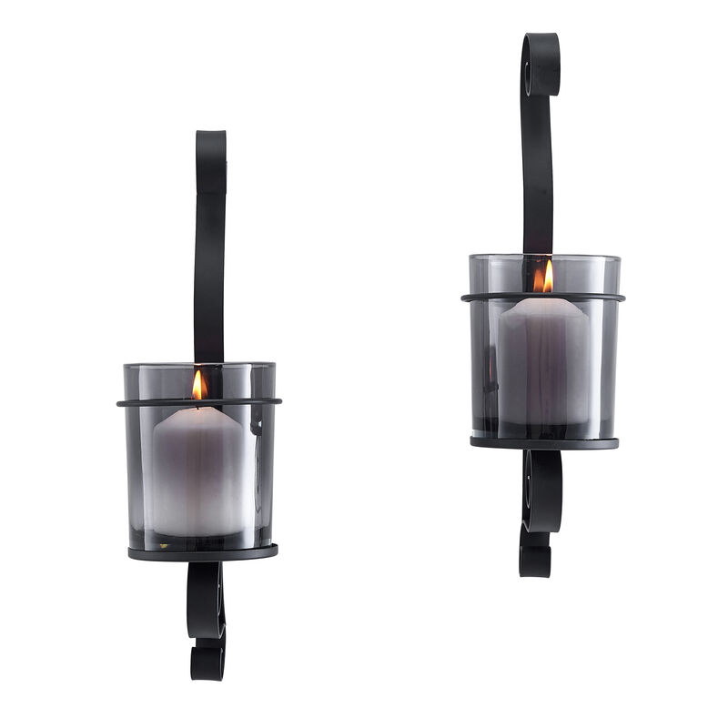 Danya B. Vintage Black Wall Sconce Candle Holder Set (2) with Smoke Glass Hurricanes