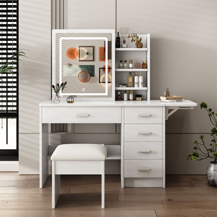 Vanity Desk with Lighted Mirror, Open Shelves & Chair, 5 Drawers, Adjustable LED Lights