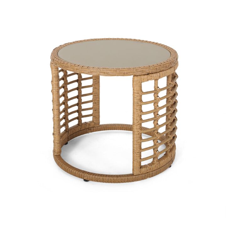 Round Side Table, 18 Inch Tempered Glass Top, Steel, Brown Faux Rattan - Benzara
