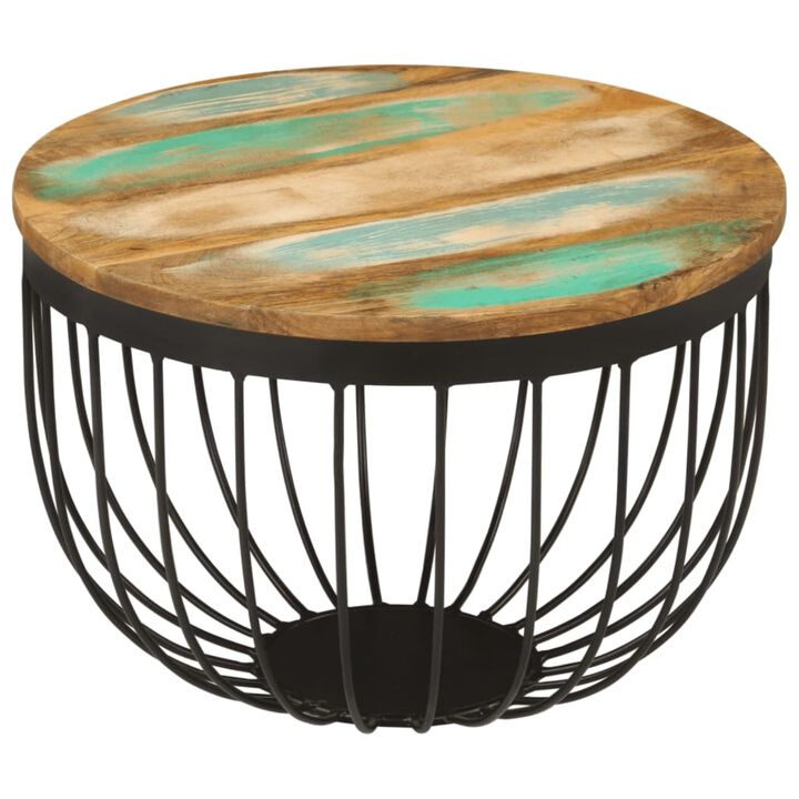 vidaXL Multicolour Industrial Coffee Table - Ø19.7"x13.8" with Solid Reclaimed Wood and Steel Construction, Basket-Shaped Base, Round Tabletop, Easy Assembly