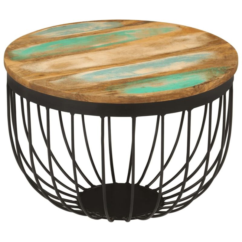 vidaXL Multicolour Industrial Coffee Table - Ø19.7"x13.8" with Solid Reclaimed Wood and Steel Construction, Basket-Shaped Base, Round Tabletop, Easy Assembly