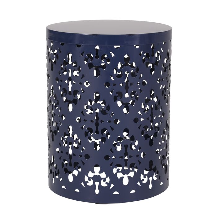 Kemo Outdoor End Table, Round 14 Inch, Cutout Design, Navy Blue - Benzara
