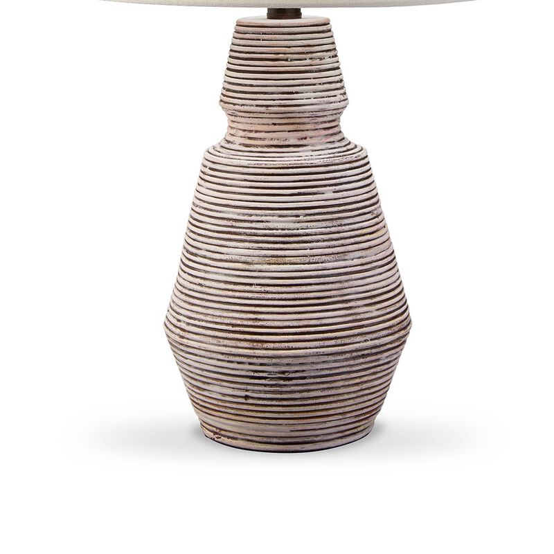 Aerd 23 Inch Table Lamp Set of 2, White Drum Shade, Ribbed Base Turned - Benzara