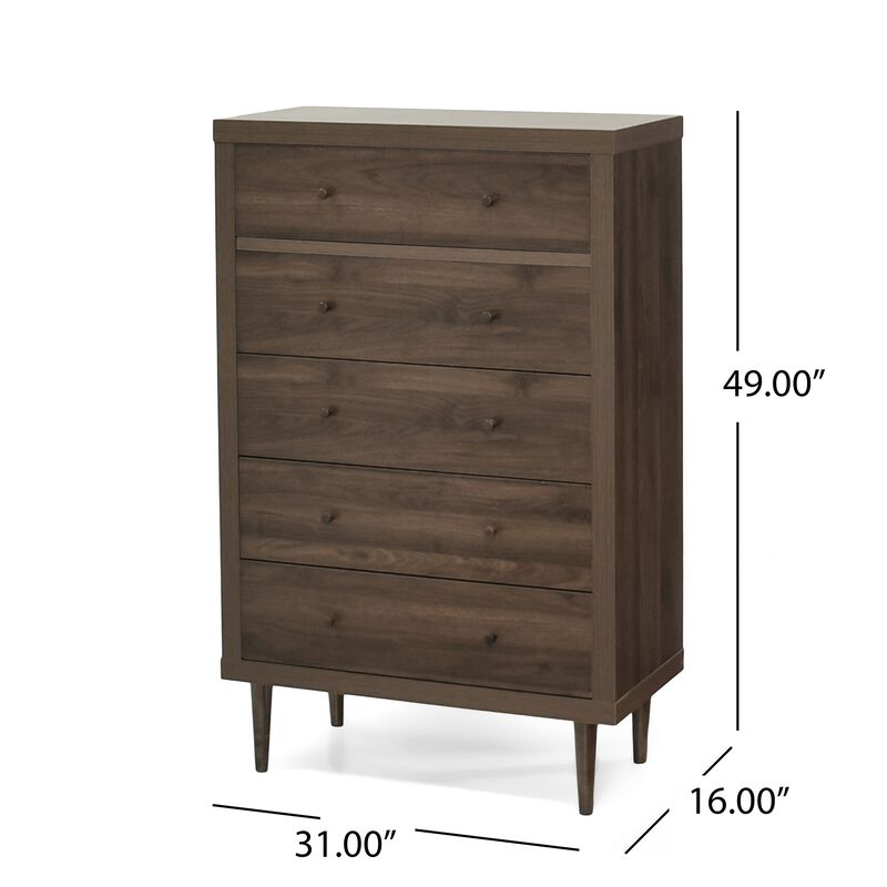 Minie Tall Dresser Chest, 5 Drawers, Rubberwood, Modern Walnut Brown - Benzara