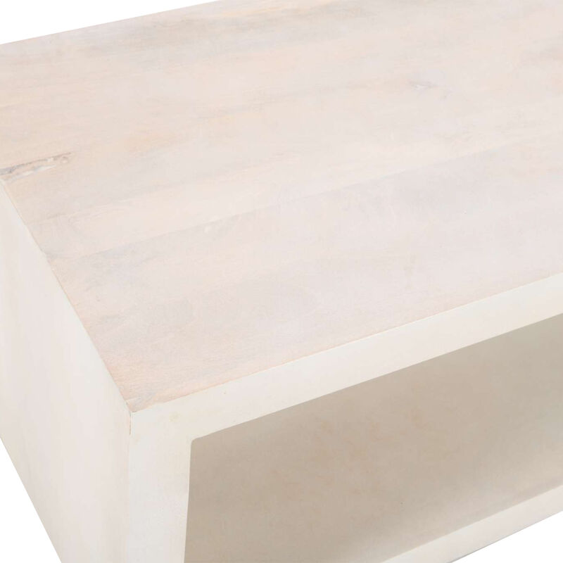 Keli Coffee Table, 58 Inch Minimalist Open Frame, Rustic Washed White Mango Wood