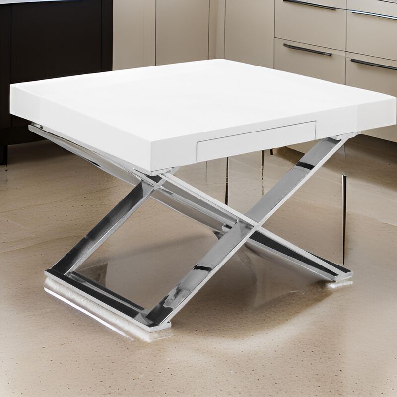 Rix 21 Inch Side End Table, 1 Drawer, X Shape Steel Legs, White Wood Top - Benzara