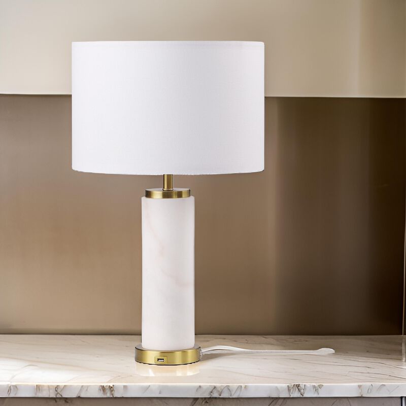 25 Inch Table Lamp, White Fabric Drum Shade, Modern Gold Metal Round Base - Benzara