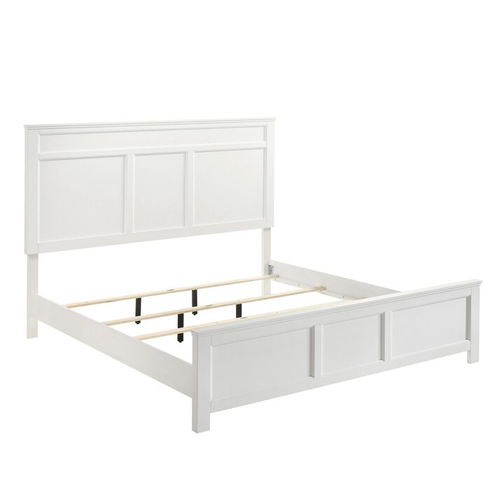 Aver Queen Size Bed, Transitional Carved Panel Design, White Wood Finish - Benzara