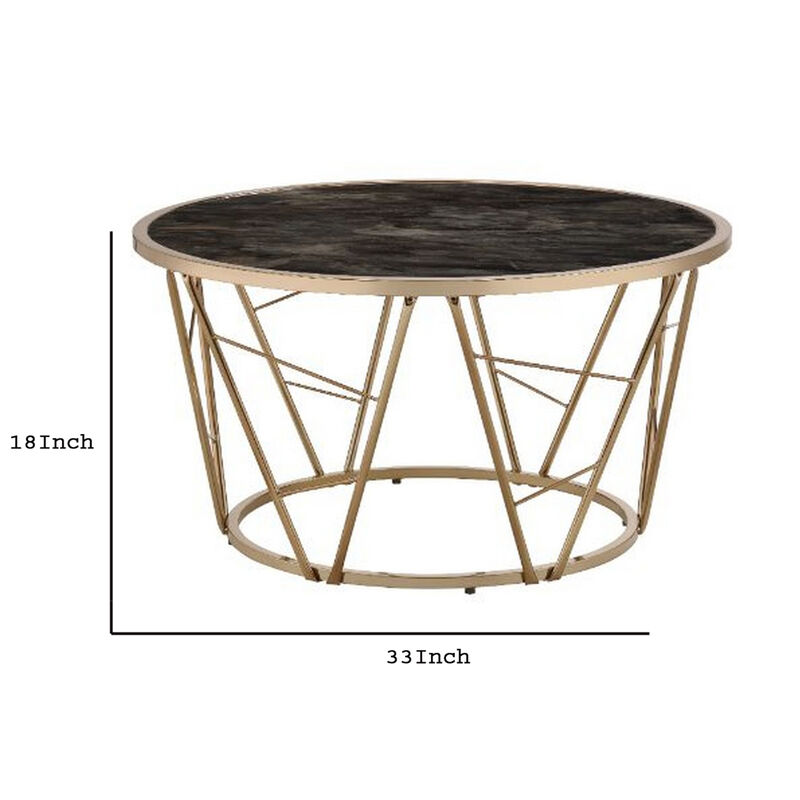 Coffee Table with Glass Top and Geometric Frame, Black and Gold-Benzara