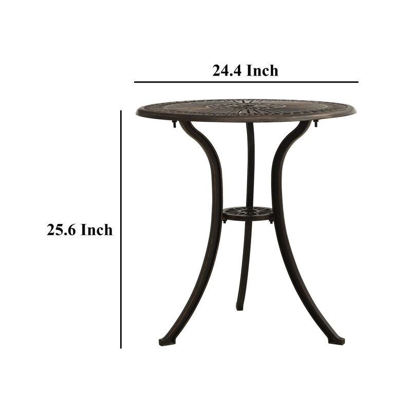 Outdoor Breakfast Table, Round 24 Inch w Umbrella Holder, Bronze Metal - Benzara