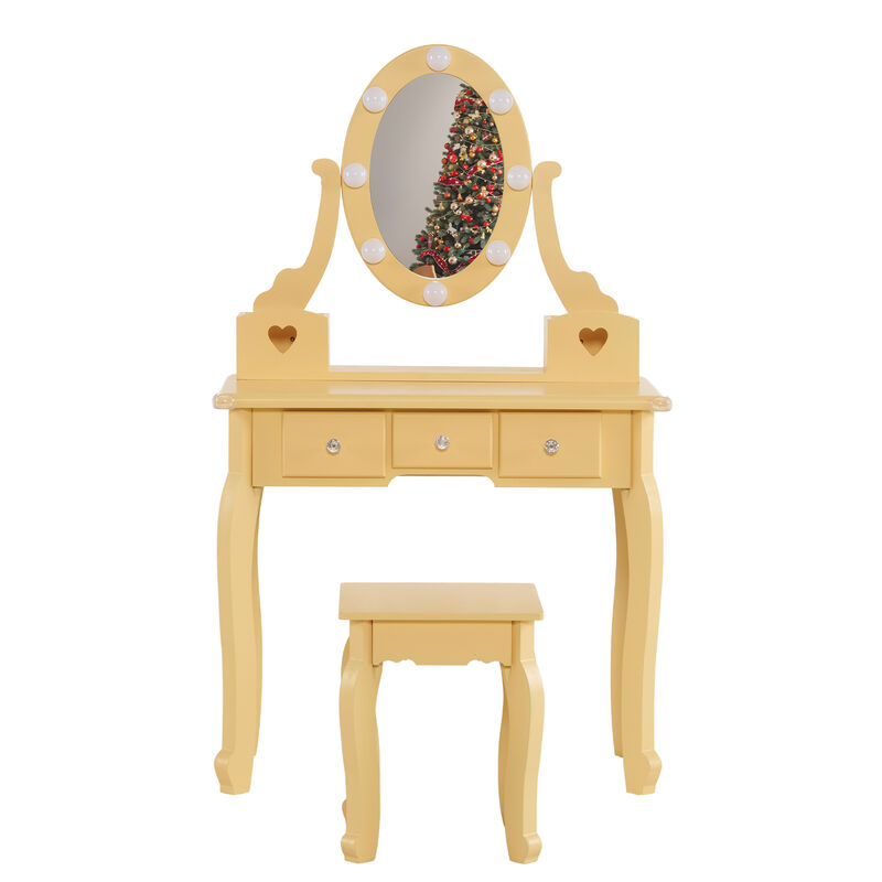 Girls Vanity Table with Mirror Lights and Stool Pretend Play Makeup Desk with Storage