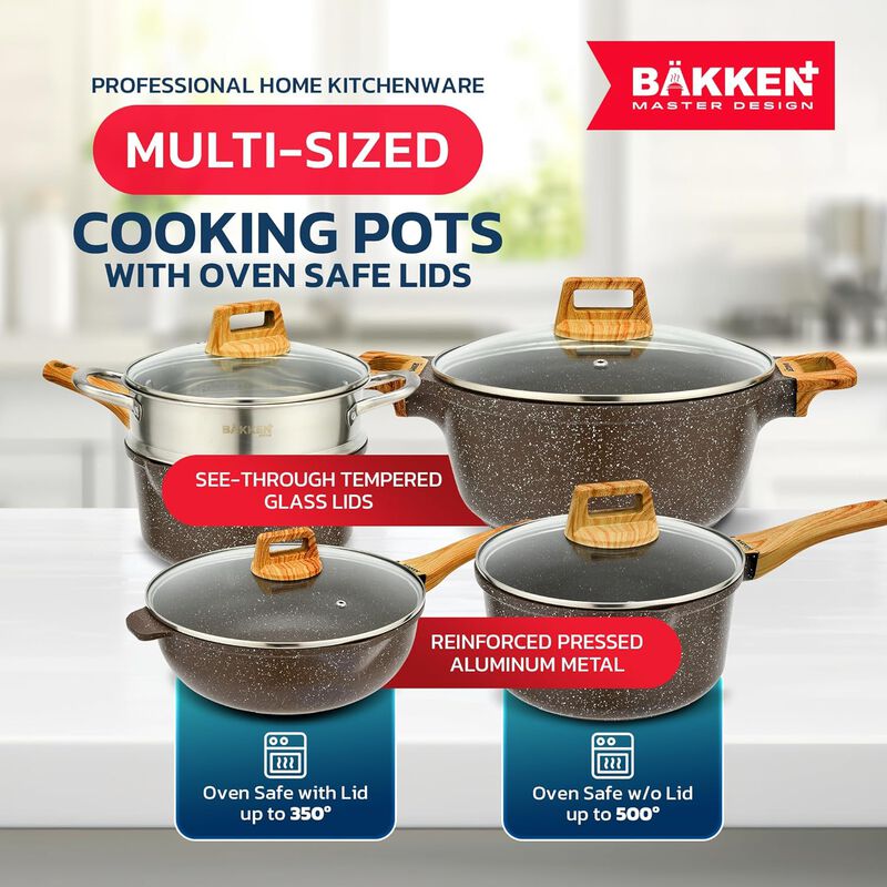 Kitchen Cookware Set - Nonstick Granite Coating, Pots and Pans with Handle Grips and Tempered Glass Lids, PFOA, PFOS, PTFE Free, Ceramic Max Temperature (Up To 500° F), Set of 20