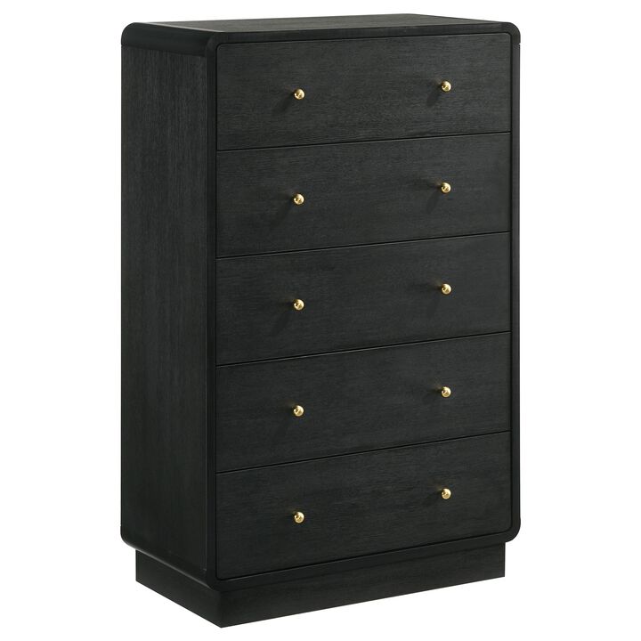 Cavy Tall Dresser Chest, 6 Drawers, Black Wood, Round Gold Knobs - Benzara