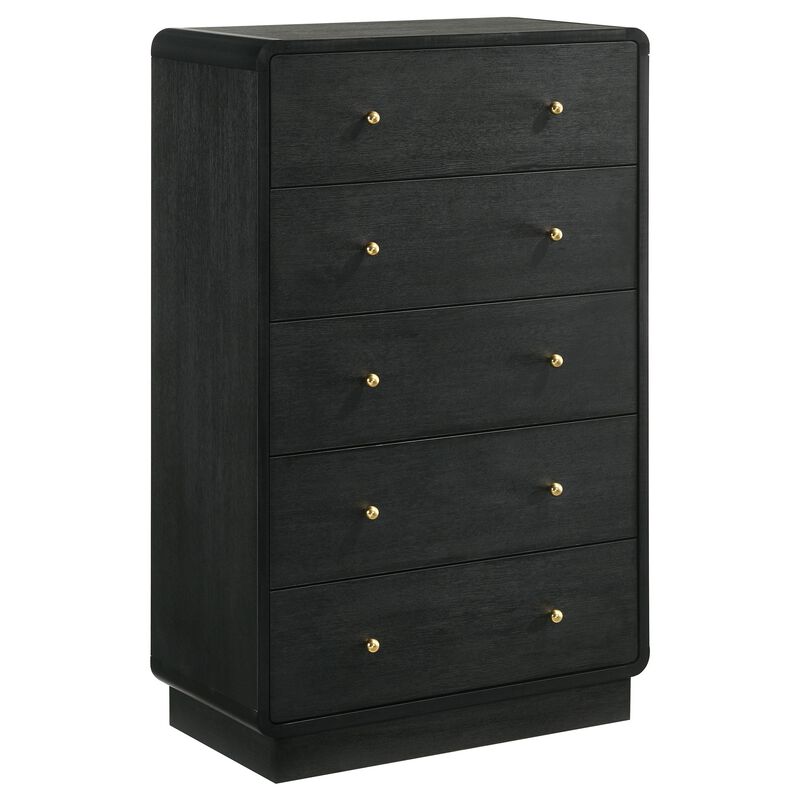 Cavy Tall Dresser Chest, 6 Drawers, Black Wood, Round Gold Knobs - Benzara