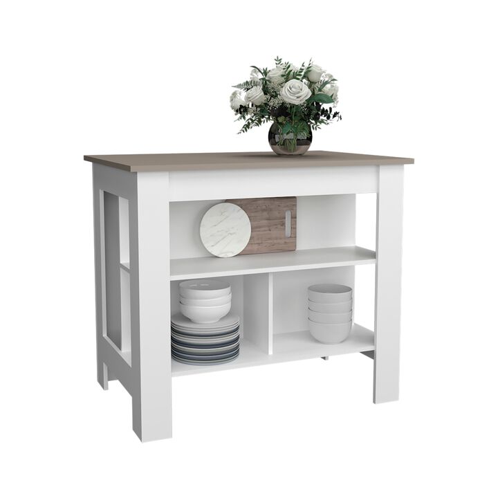 Delos Kitchen Island 35.4" H, with 3 Shelves, White / Mahogany
