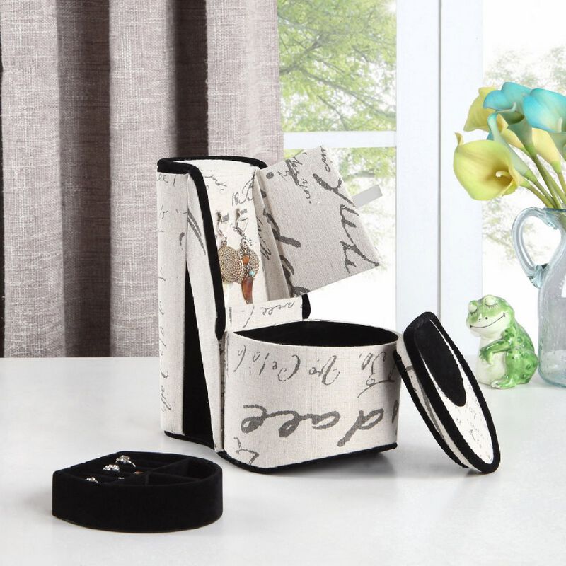 9" Tall Display Jewelry Box With Hidden Storage, High Heel Shoe Design, Stencil Letter Print