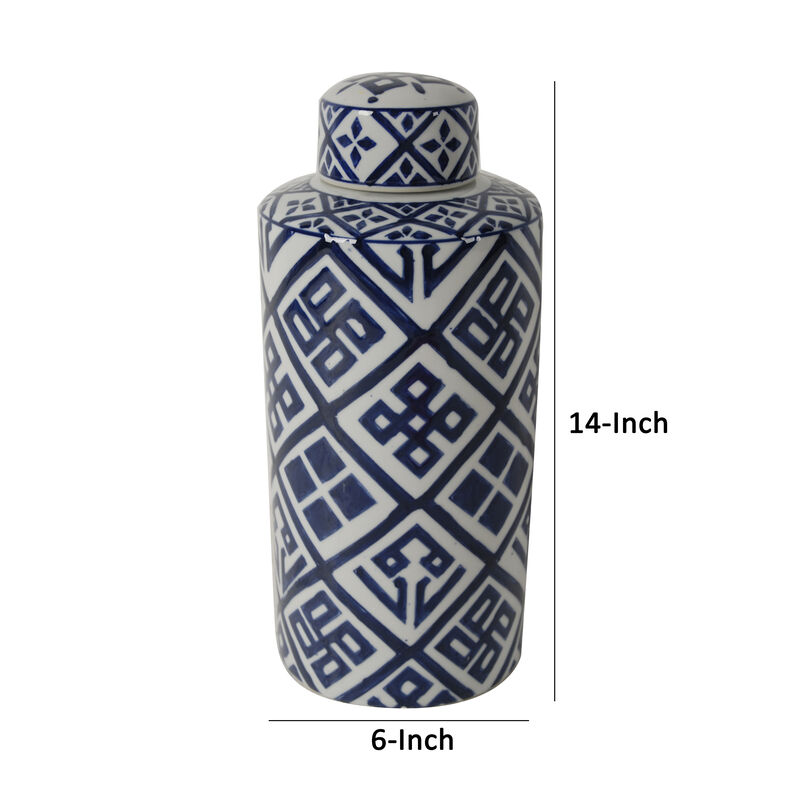 14 Inch Lidded Jar, Geometric Pattern, Cylindrical Blue and White Porcelain-Benzara