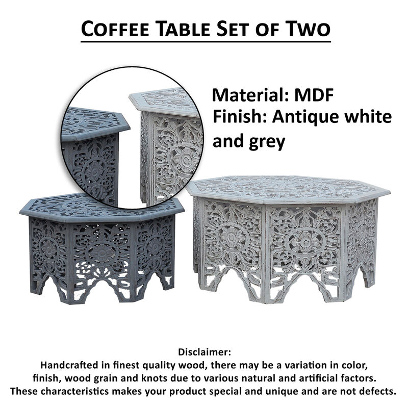 Nesting Coffee Tables, Set of 2, Handcrafted Carved Cut Out Floral Motifs, Antique White and Gray - Benzara