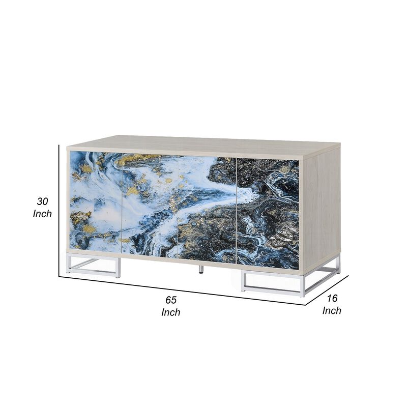 Sideboard Console Cabinet, 4 Door, 65 Inch Blue Marble Paint, White - Benzara