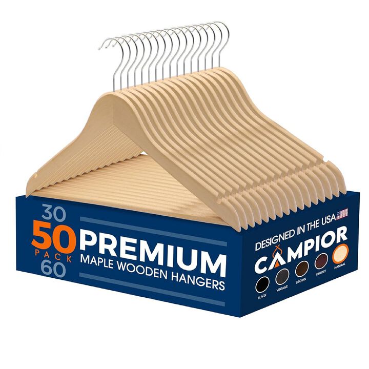 Wooden Clothes Hangers - 50 Pack, Durable, Non-Slip, Space-Saving Hangers for Dresses, Coats, and More, Holds Up to 10 lbs with 360° Swivel Hook, Natural Finish