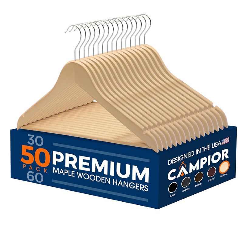 Wooden Clothes Hangers - 50 Pack, Durable, Non-Slip, Space-Saving Hangers for Dresses, Coats, and More, Holds Up to 10 lbs with 360° Swivel Hook, Natural Finish