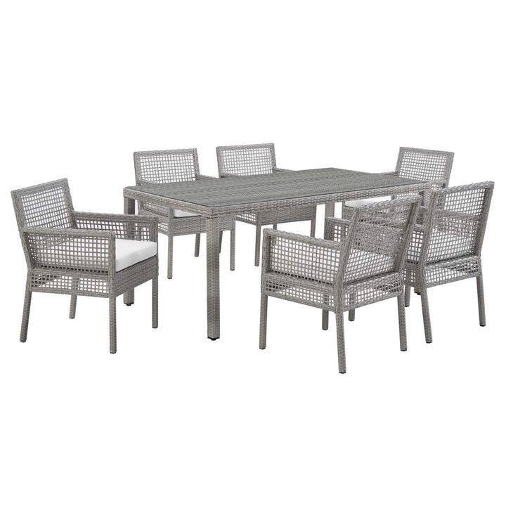 Aura Outdoor Patio Collection - Gray-on-Gray Wicker Rattan Set with 68" Table & 6 Armchairs. All-Weather Cushions, Non-Marking Foot Caps.