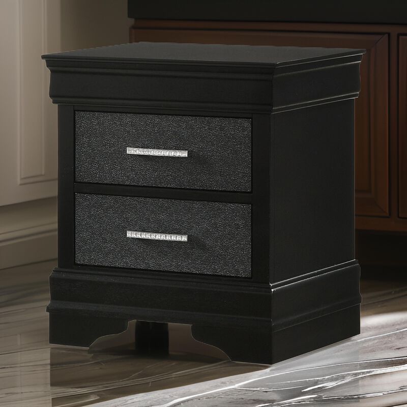2 Drawer Wooden Nighstand with Horizontal Pull and Studded Accent, Black - Benzara