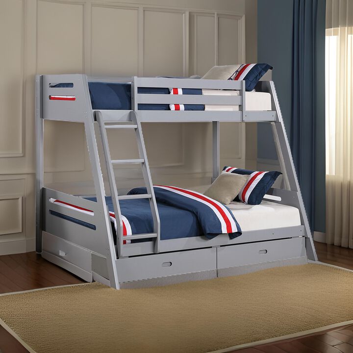 Emily Twin Over Full Bunk Bed with Ladder, 2 Drawers, Gray Solid Wood