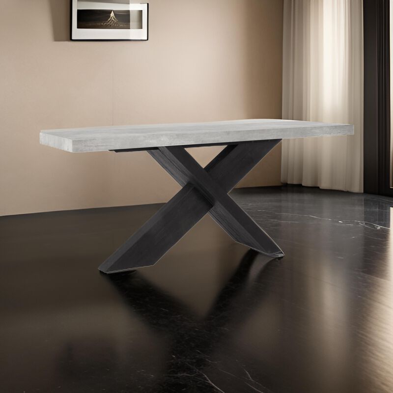 Ren 72 Inch Console Table, Rectangular Top Cross Base, Gray, Black Concrete - Benzara