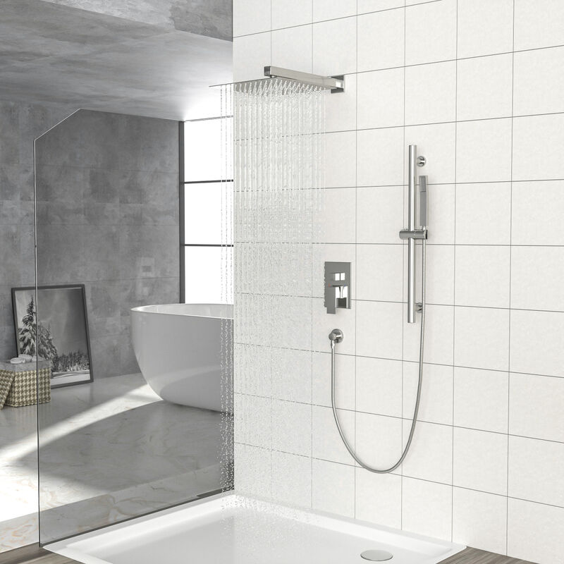 Brushed Nickel Rain Shower System with Adjustable Slide Bar