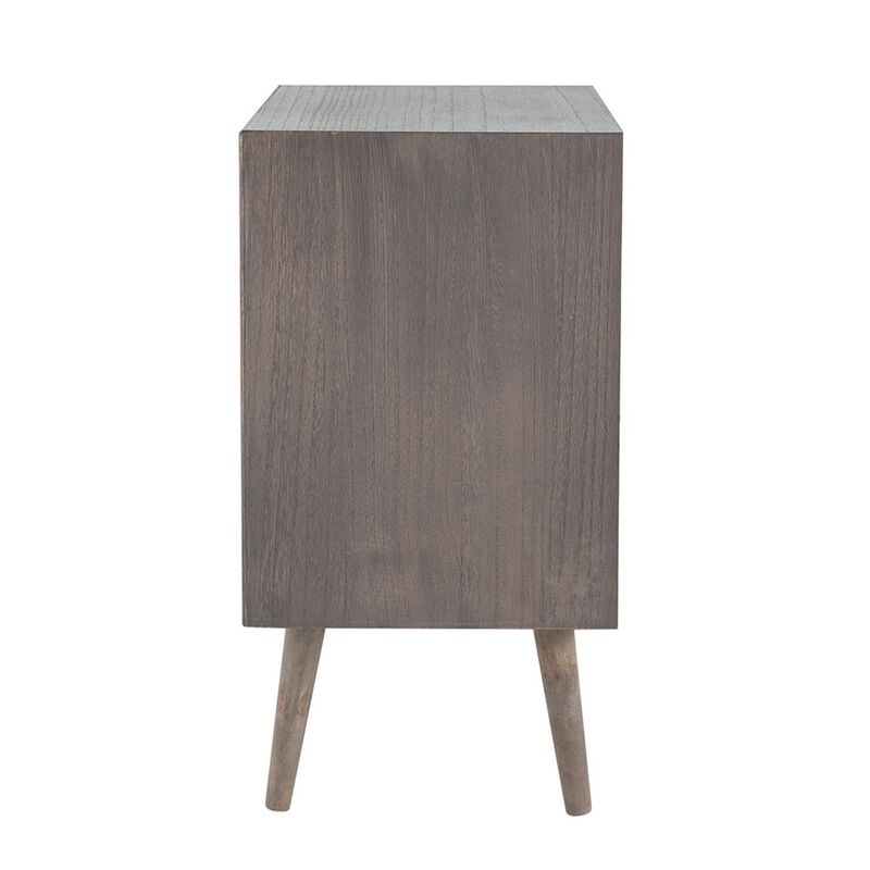 Cae 28 Inch Dresser Chest, 3 Drawers, Pine Wood, Rattan Panels, Dark Gray-Benzara
