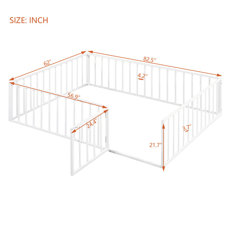 Streamdale Queen Size Metal Floor Bed Frame With Fence And Door, White