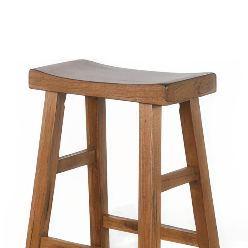 Marv Barstool Set of 2, Saddle Seat, Rustic Oak Mahogany Wood, 30 Inch - Benzara