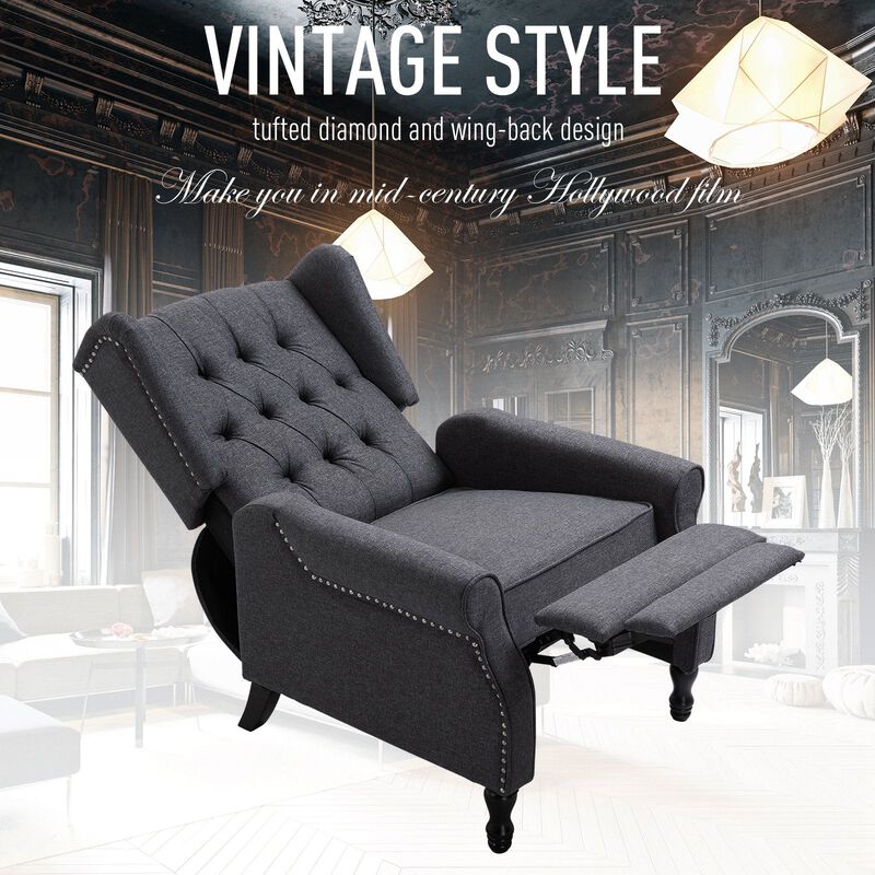 Dark Gray Lounge Chair: Vintage Linen Fabric Tufted Reclining Sofa