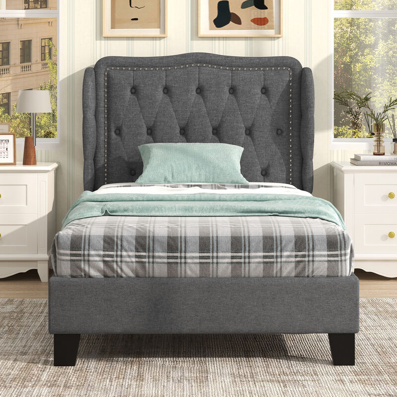 Bed Frame with Button Tufted Wingback Headboard and Storage Space