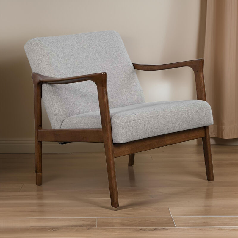 Fabric Upholstered Mid Century Wooden Lounge Chair, Gray and Brown-Benzara