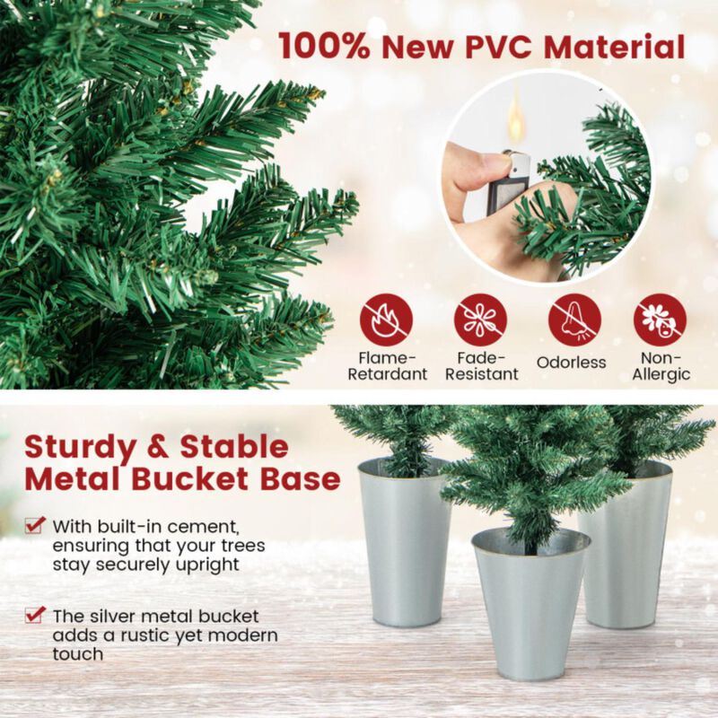 Hivvago Set of 3 Potted Artificial Christmas Tree with Silver Metal Buckets