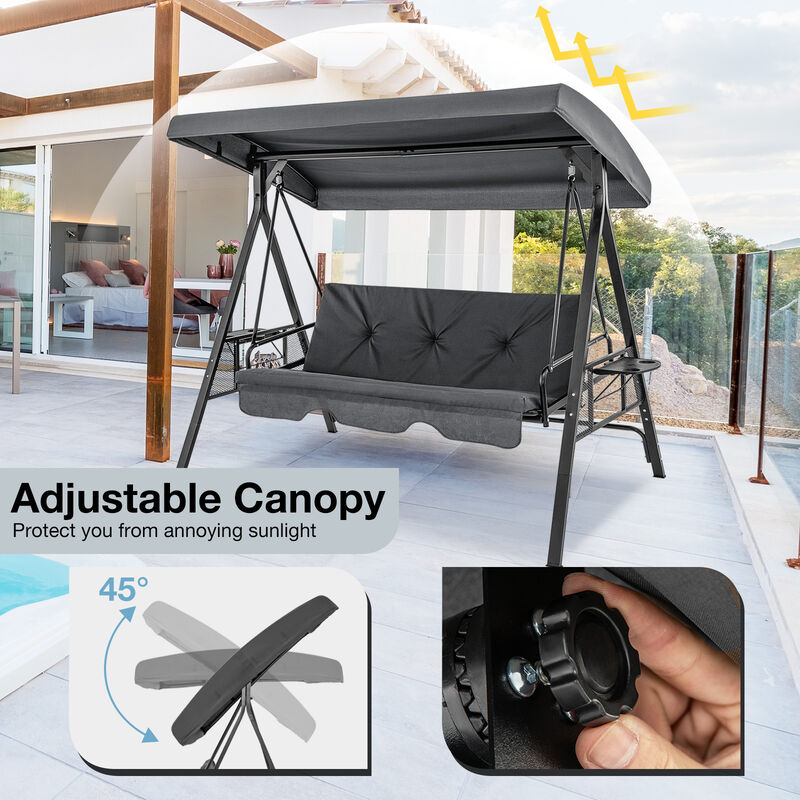 Convertible 3-Seat Patio Porch Swing Chair with Flat Bed and Adjustable Canopy