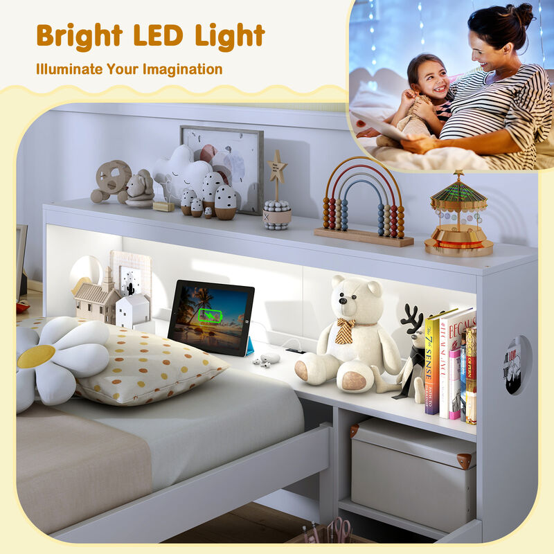 Bed Frame with LED Light and Bookcase Headboard