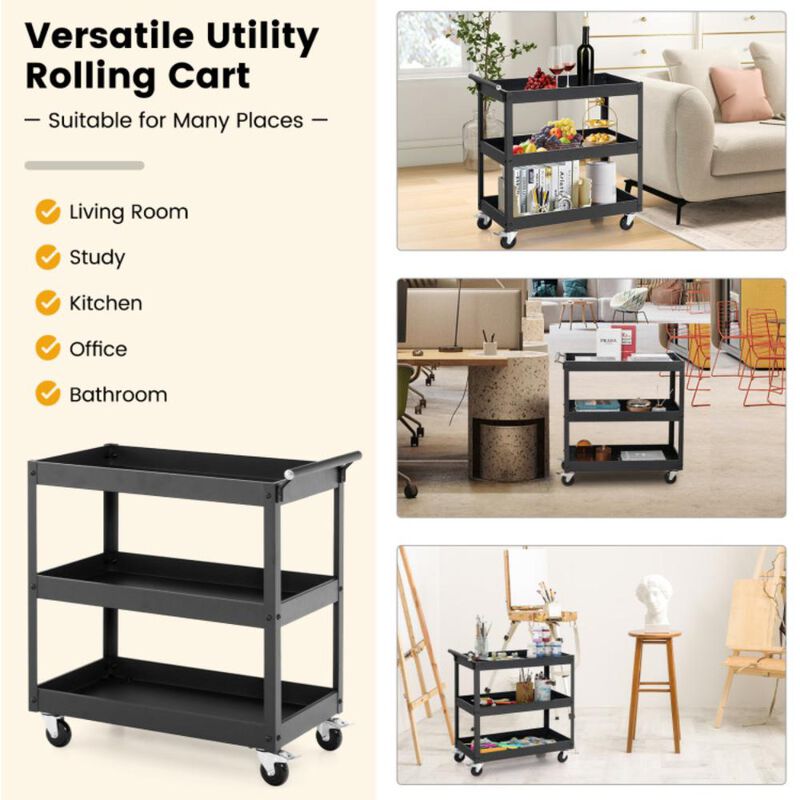 Hivvago 3-Tier Utility Cart Rolling Metal Cart with Handle and Universal Wheels
