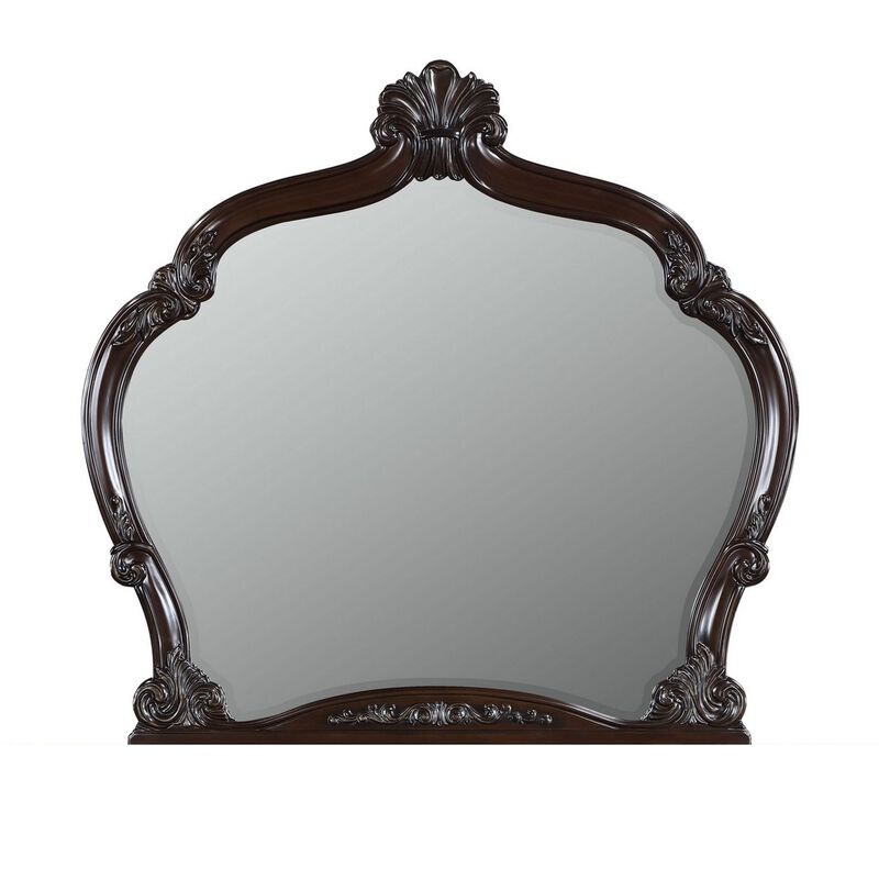 Benjara Brown Faya 47 x 50 Dresser Mirror, Traditional, Floral Carved Walnut Wood