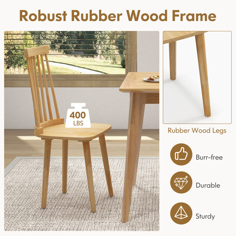 Windsor Dining Chairs Set of 2 with High Spindle Back and Natural Rubber Wood Legs