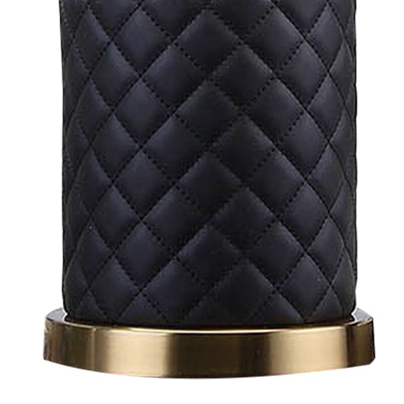 Aria 21 Inch Table Lamp, Dome Shade, Round Base, Black Faux Leather, Brass-Benzara