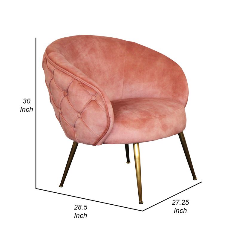 Anvi 30 Inch Accent Chair, Curved Back, Woven Diamond Pattern, Pink, Gold-Benzara