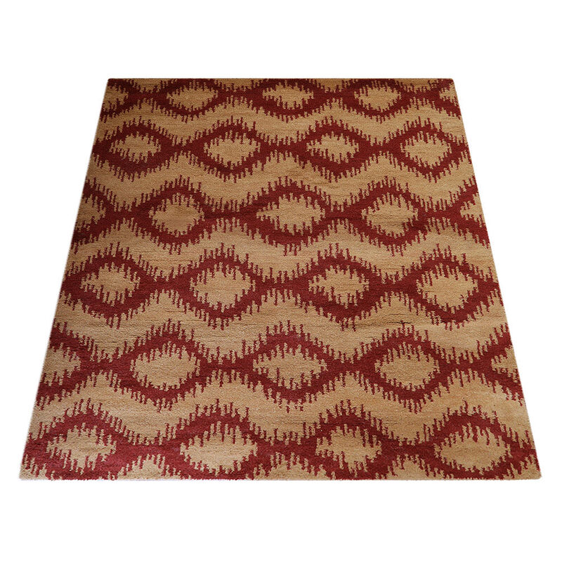 HAND KNOTTED WOOL Geometric AREA RUGS  - 9'x12', Rectangle Shape, Red Gold Color, Geometric Modern, Medium Pile Handmade Area Rugs for Living Room, Bed Room (N00165)