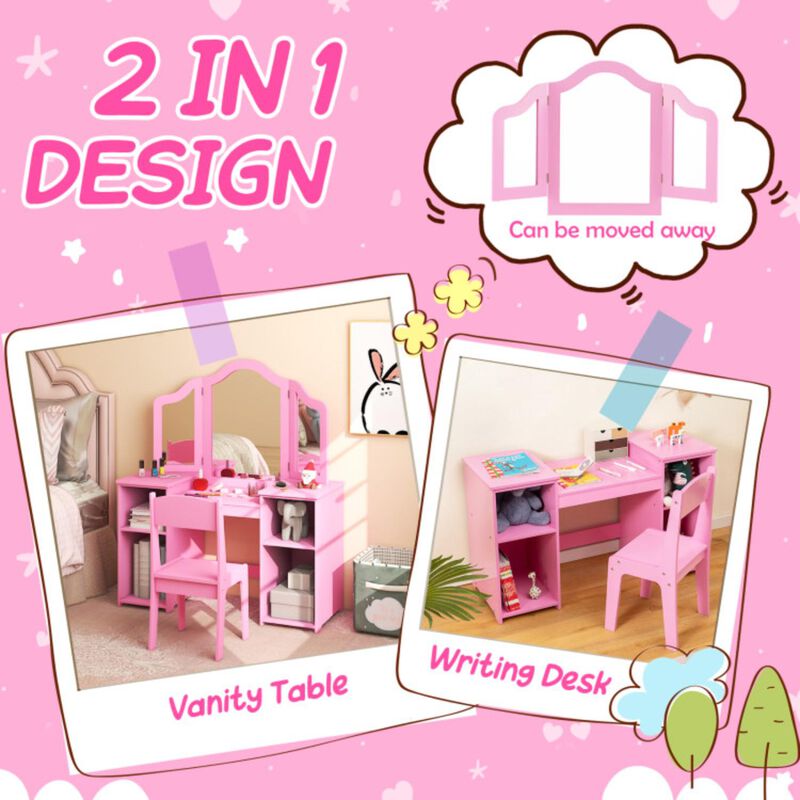 Hivvago Kids Vanity Table and Chair Set with Removable Tri-Folding Mirror