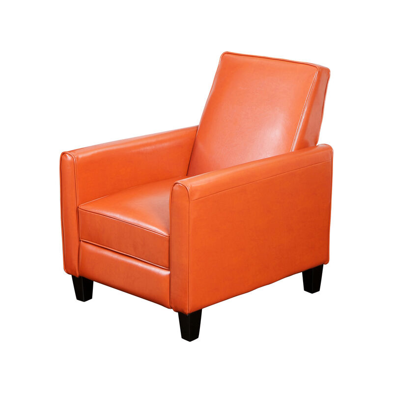 Zuca Pushback Recliner Club Chair, Black Wood, Orange Floral Faux Leather - Benzara
